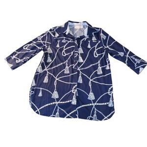 Chico's Women Sz 2 US L/12 No Iron Nautical Rope 3/4 Cotton Button Up Blouse